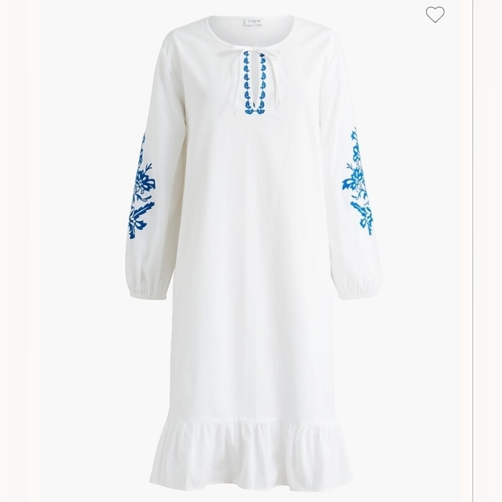 J.Crew White/Blue Embroidered Long Sleeve Ruffled Dress W/ Pockets